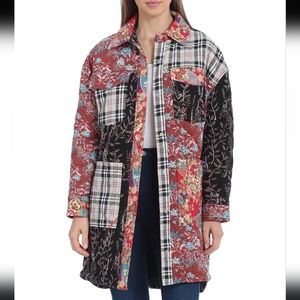 New Avec Les Filles Patchwork Quilted Shirt Jacket XL Red/Black Multi